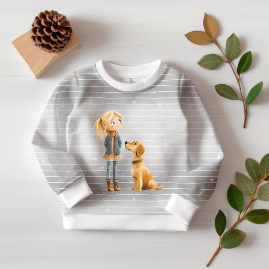 Kinder-Sweatshirt mit Hundeliebe Panel – Mädchen und Hund vorne, kombiniert mit sanftem Linien- und Glitzerdesign