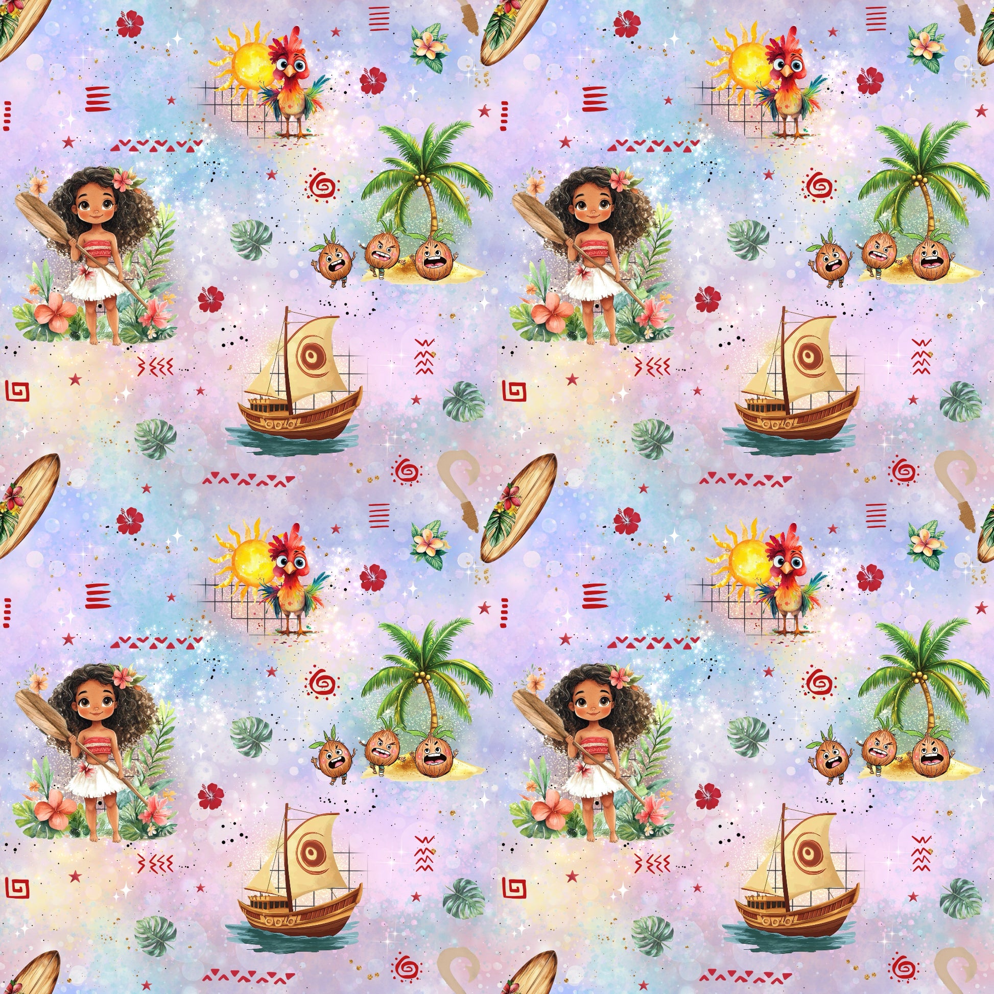 Toller Kinderstoff mit einer Hawaiianerin, einem Segelboot, einem Huhn mit Sonne im Hintergrund. Außerdem verschiedene Blätter, Blüten und Symbole. Der Hintergrund ist ein Farbverlauf mit Glimmereffekt in blau-lila-pink.