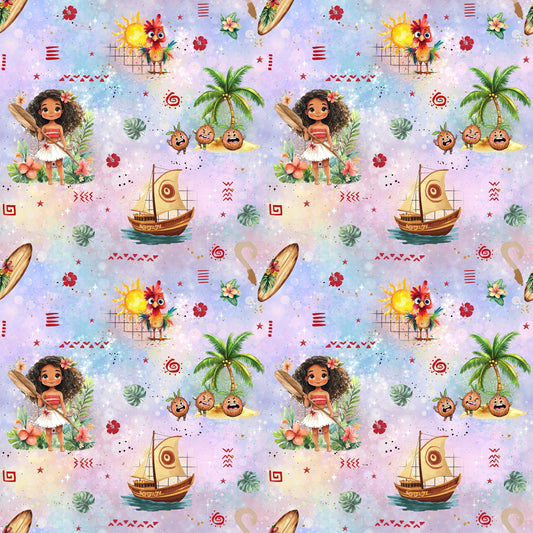 Toller Kinderstoff mit einer Hawaiianerin, einem Segelboot, einem Huhn mit Sonne im Hintergrund. Außerdem verschiedene Blätter, Blüten und Symbole. Der Hintergrund ist ein Farbverlauf mit Glimmereffekt in blau-lila-pink.