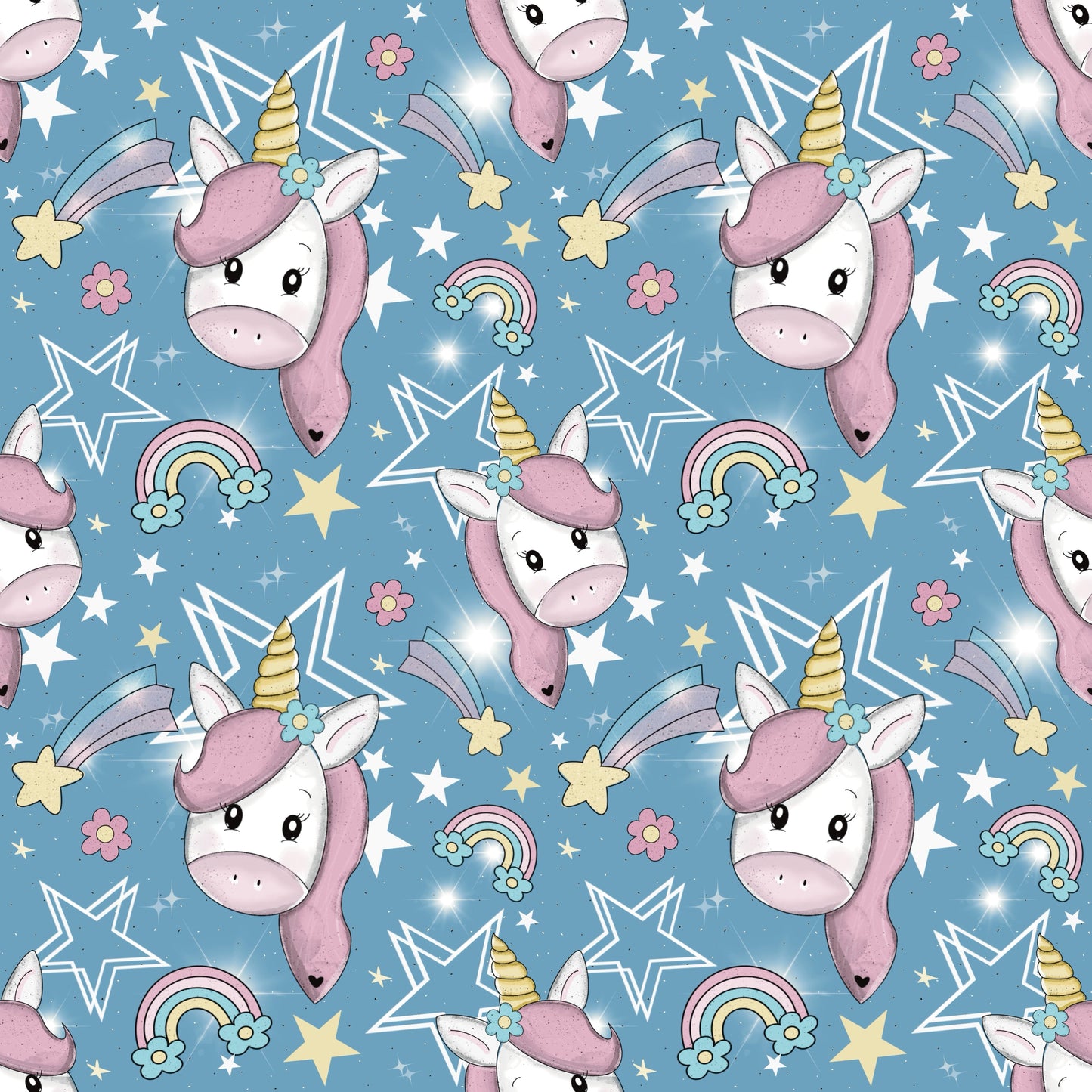 Unicorn – Kinderstoff mit süßem Einhorn, Regenbogen & Sternen auf Blau.