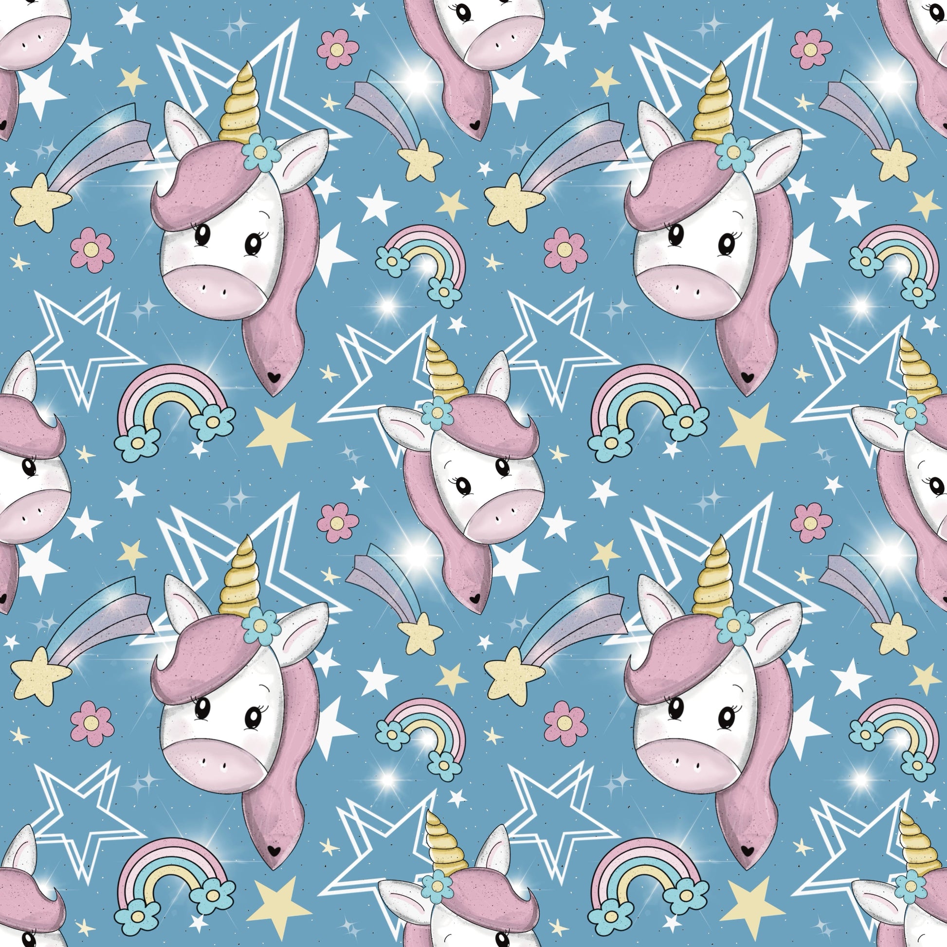 Unicorn – Kinderstoff mit süßem Einhorn, Regenbogen & Sternen auf Blau.