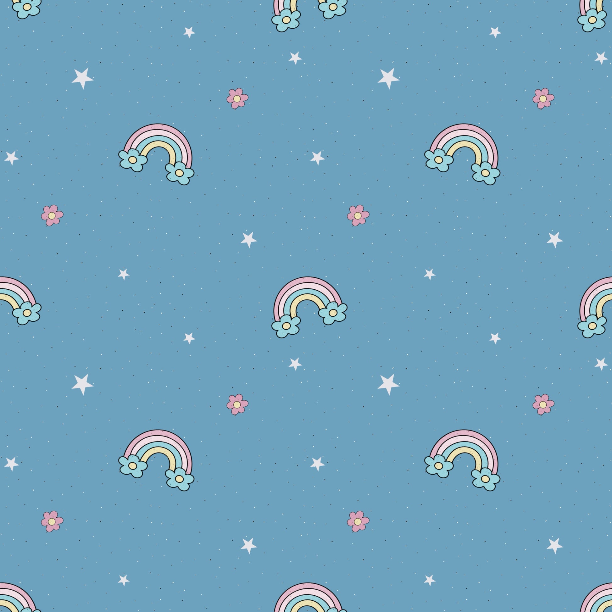 Unicorn Kombi – Kinderstoff mit Regenbögen, Blumen & Sternen auf Blau.