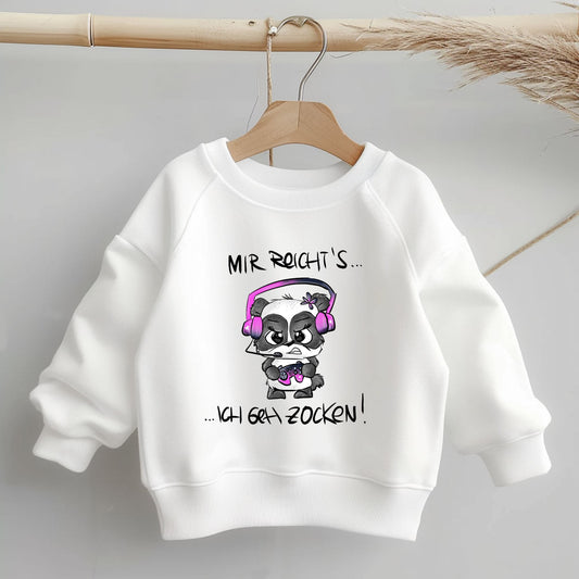 Gaming-Bügelbild „Zockerpandi“ mit Spruch „Mir reicht’s, ich geh zocken!“ für Kinderkleidung.